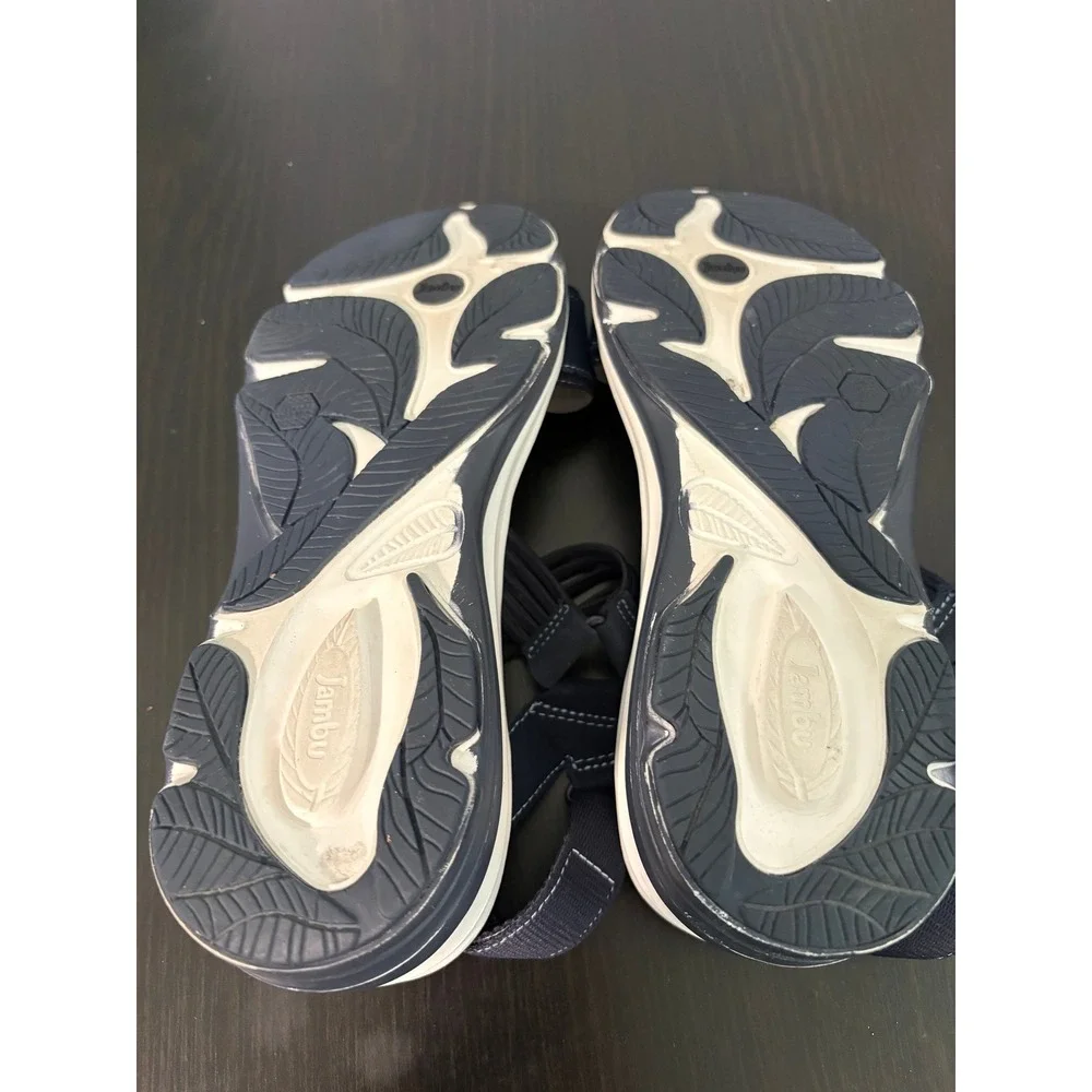 Jambu Women Wedge Sandals Size 6.5 Navy Blue Comfort Hook Loop Strap Memory Foam
